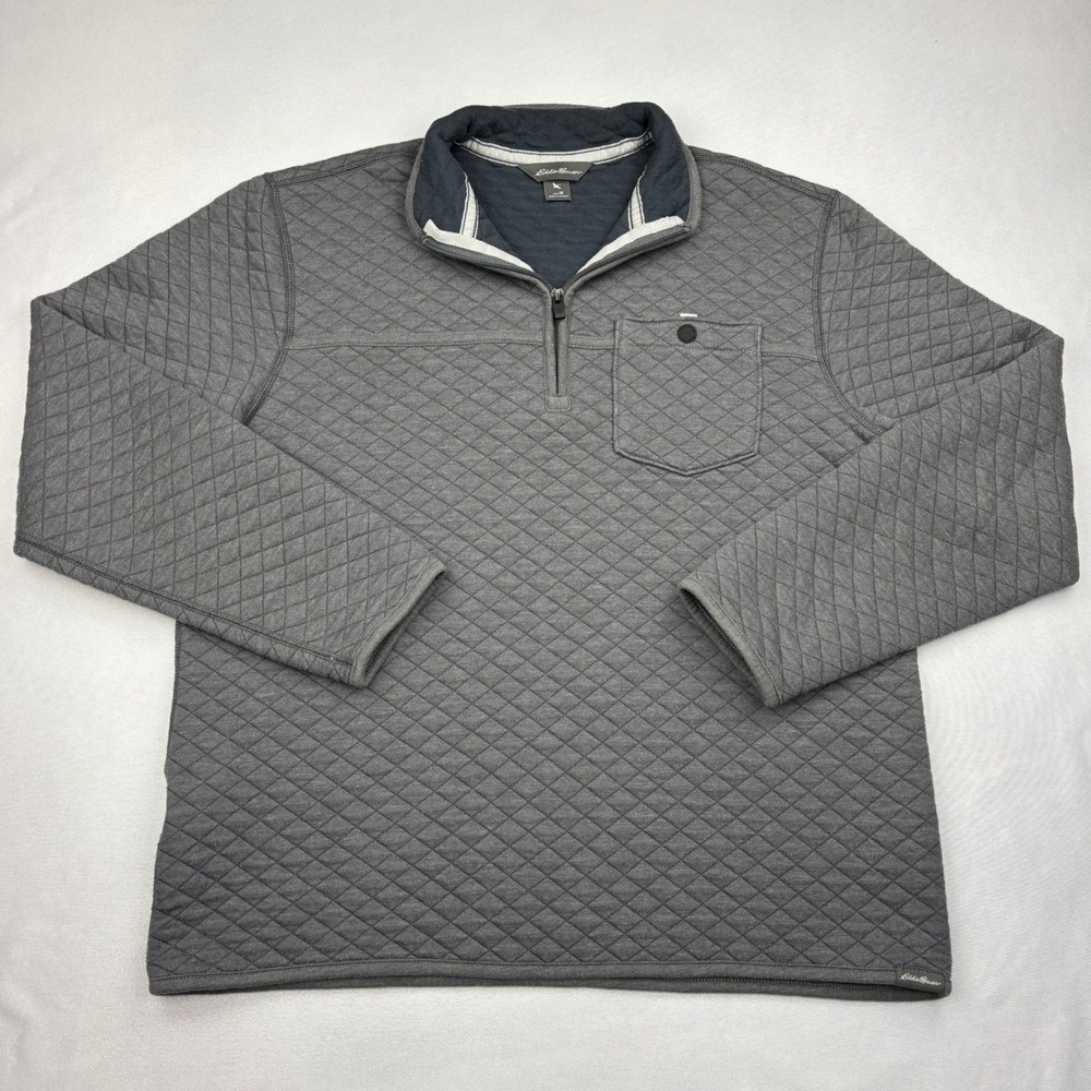 Eddie Bauer Pullover Mens Medium Grey Diamond Quilted Quarter Zip Snap Pocket